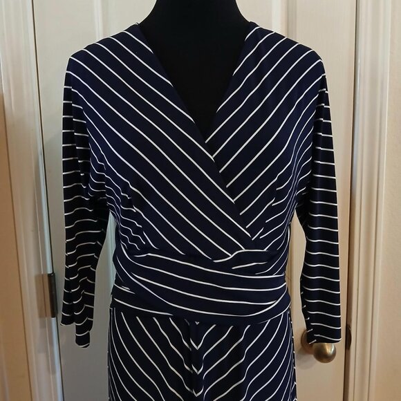Ralph Lauren Chevron Striped 3/4 Sleeve Faux Wrap V-neck Midi Dress Sz 6 - Picture 3 of 4